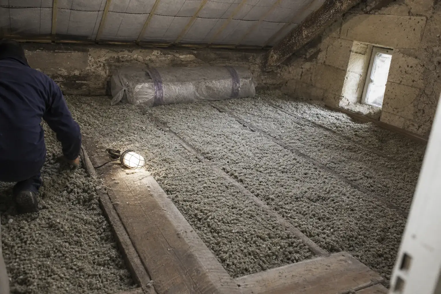 Comble perdu vu depuis la trappe, laine soufflée régulière entre les entraits et repère de hauteur planté dedans