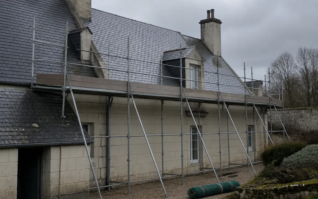Échafaudage de pied monté au cordeau contre une façade, planchers alignés et garde-corps posés